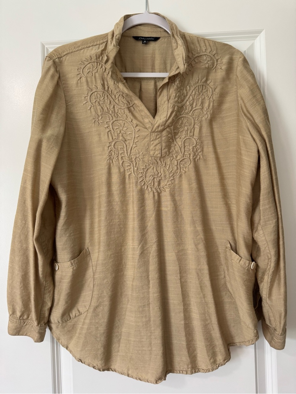John Mark Beige Embroidered V-Neck Tunic